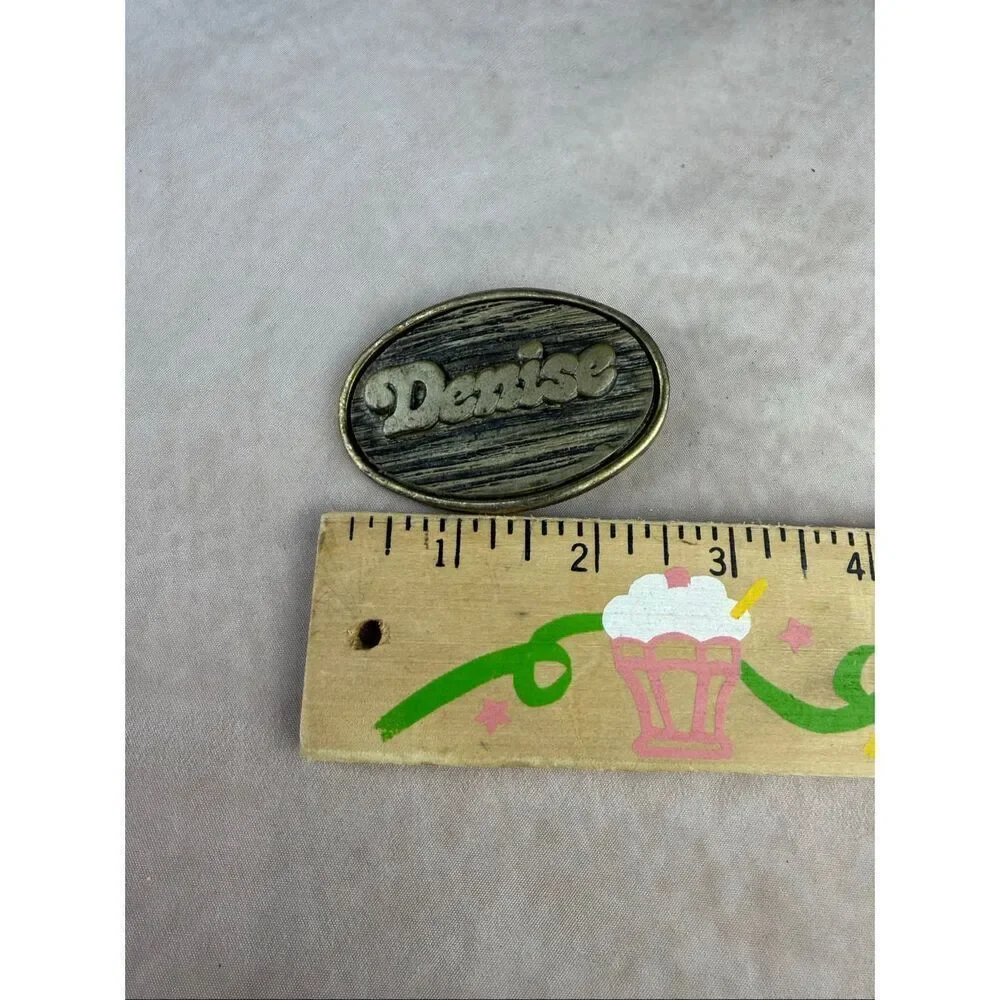 Vintage 1970s Denise Belt Buckle Gold Tone Groovy Lettering Mod MCM